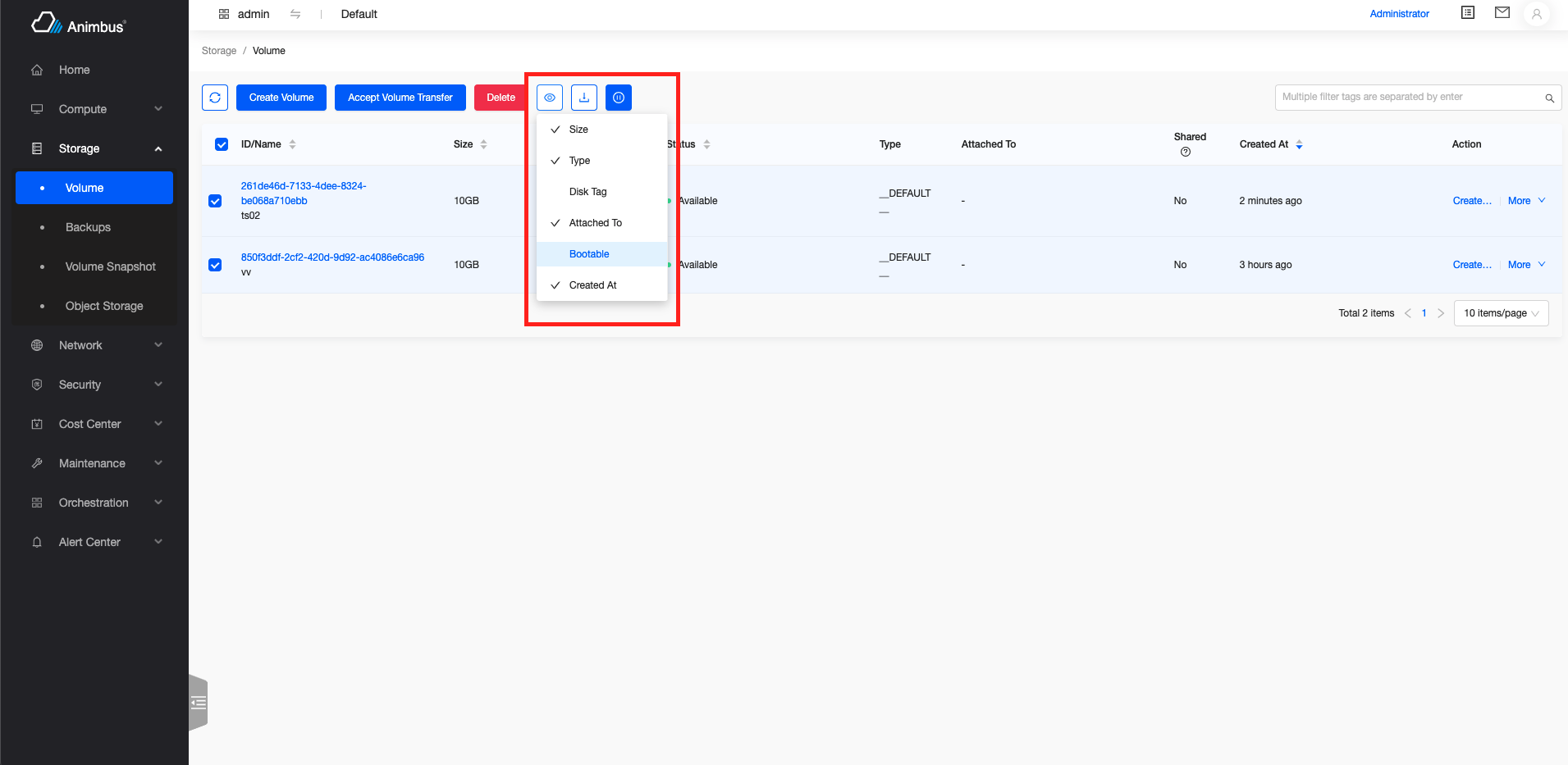 List page table columns hide/show